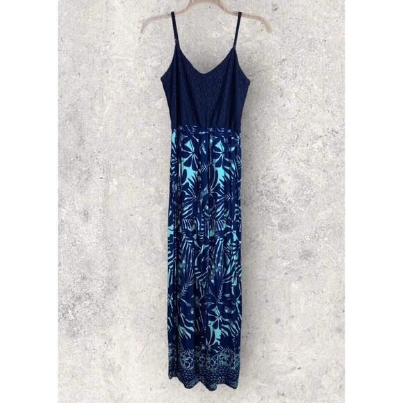 As You Wish Jumpsuit Womens Medium Blue Green Wide Leg Eyelet Top Sleeveless‎ - Picture 3 of 8